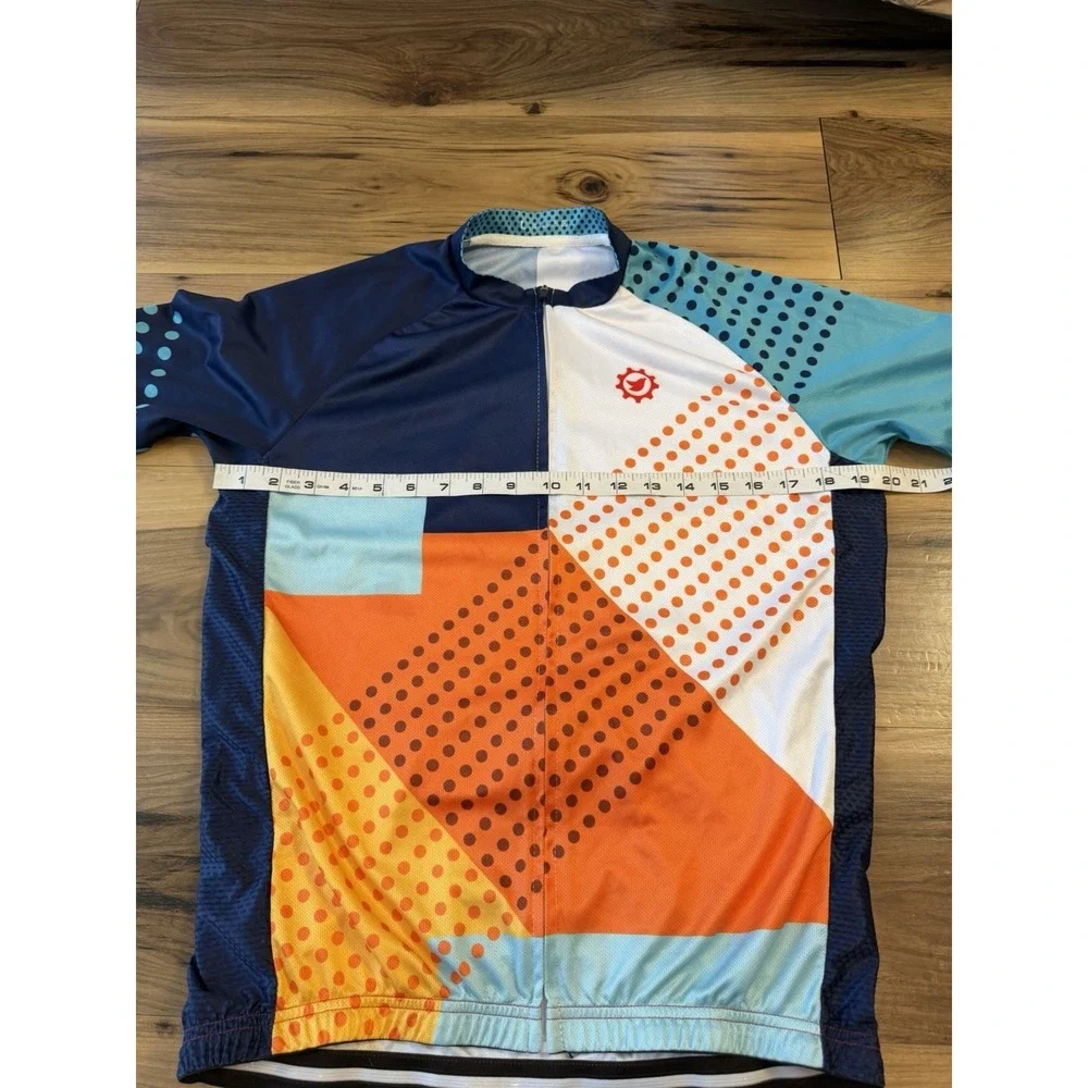 Cycling Jersey Men's Large Blue Orange Geometric Full Zip Bike Shirt Race Top - Picture 3 of 6